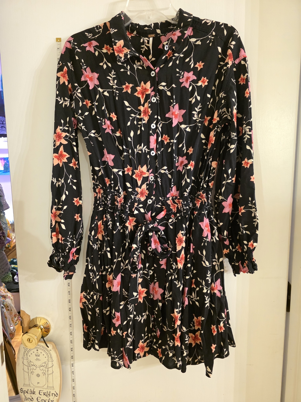 Free People Black Floral Button-Front Mini Dress with Pink Blooms